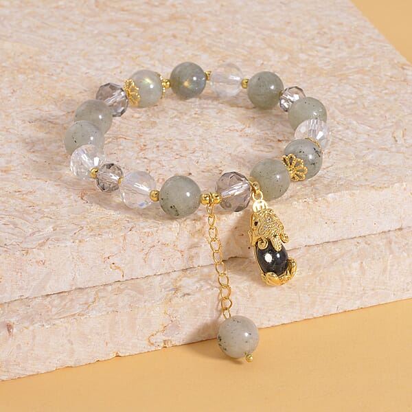 Shop Lc Malagasy Labradorite Gray And White Glass Simulated Black And White Diamond 72.65 Ctw Bracelet With Charm In Goldtone