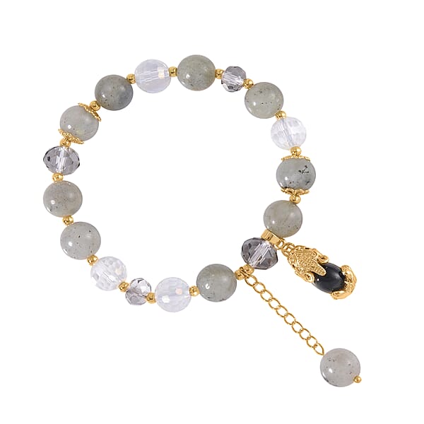Shop Lc Malagasy Labradorite Gray And White Glass Simulated Black And White Diamond 72.65 Ctw Bracelet With Charm In Goldtone