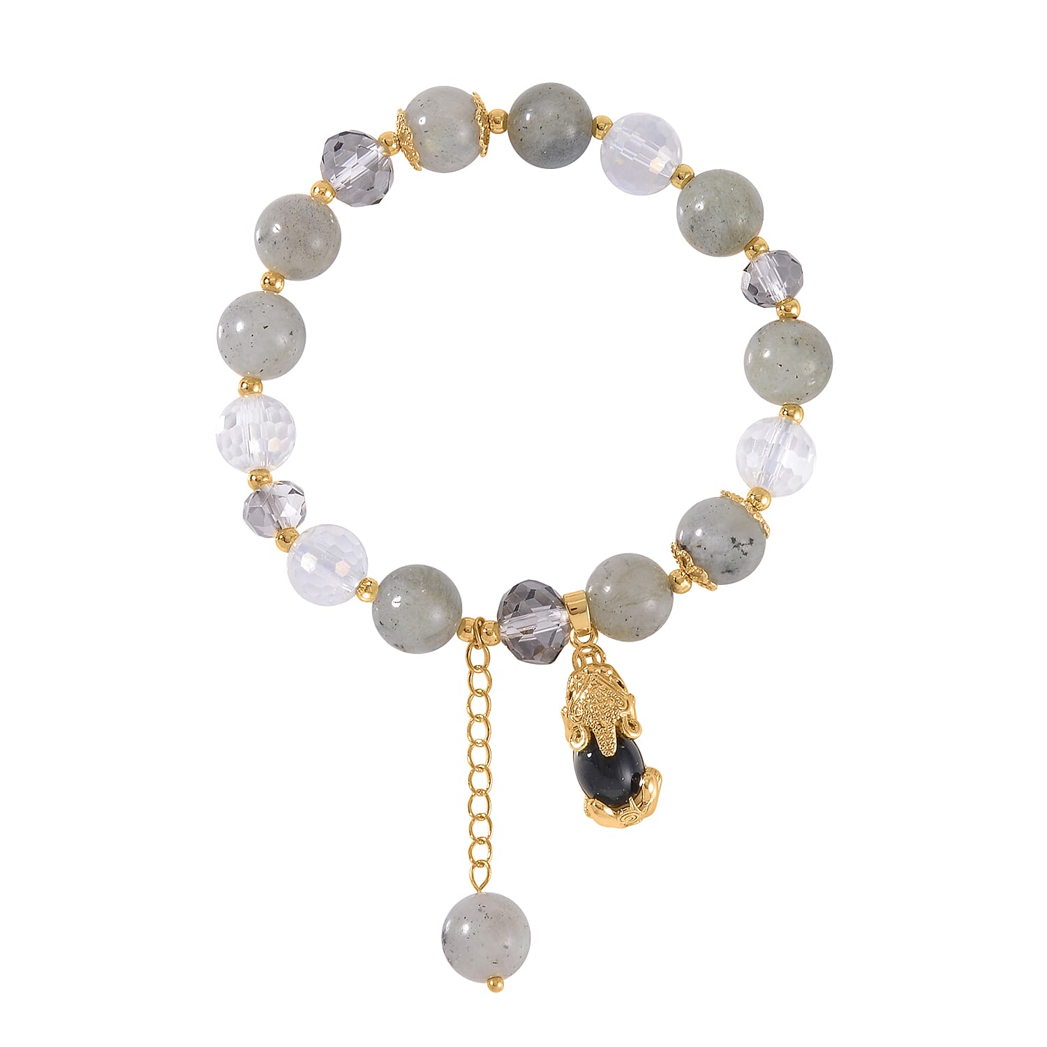 shop lc Malagasy Labradorite Gray and White Glass Simulated Black and White Diamond 72.65 ctw Bracelet with Charm in Goldtone