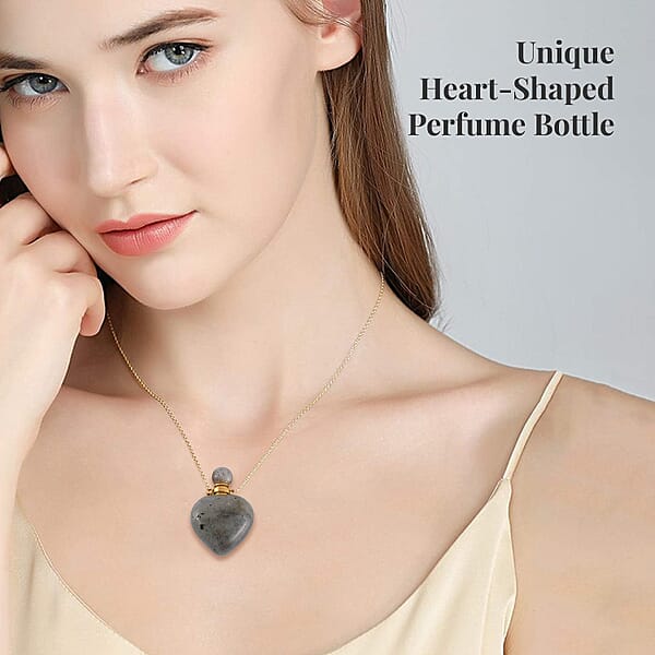 Shop Lc Malagasy Labradorite Perfume Heart Bottle Necklace 22 Inches In ION Plated Yellow Gold Stainless Steel 8.00 Ctw