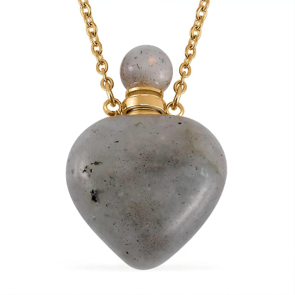 shop lc Malagasy Labradorite Perfume Heart Bottle Necklace 22 Inches in ION Plated Yellow Gold Stainless Steel 8.00 ctw
