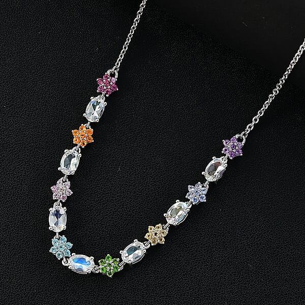 Shop Lc Malagasy Moonstone Multi Gemstone Floral Necklace In Rhodium Over Sterling Silver 4.50 Ctw (18-20 Inches)