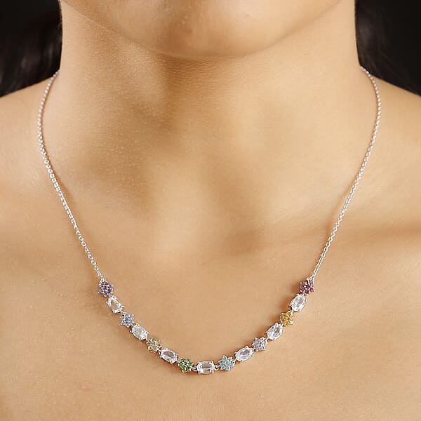 Shop Lc Malagasy Moonstone Multi Gemstone Floral Necklace In Rhodium Over Sterling Silver 4.50 Ctw (18-20 Inches)