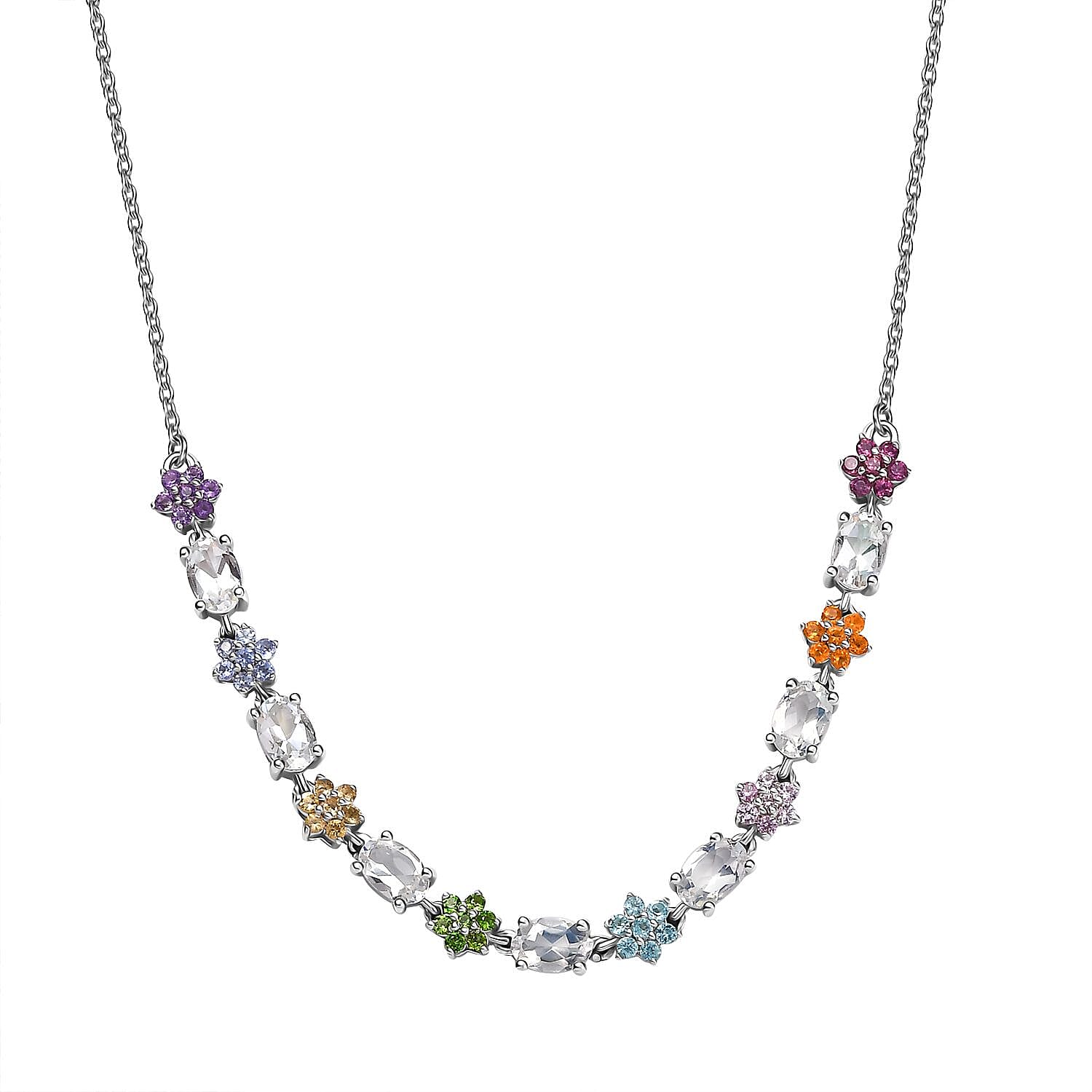 shop lc Malagasy Moonstone Multi Gemstone Floral Necklace in Rhodium Over Sterling Silver 4.50 ctw (18-20 Inches)