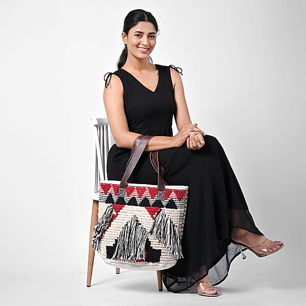 Shop Lc Maroon Cotton And Jacquard Tote Bag With Faux Leather Handle