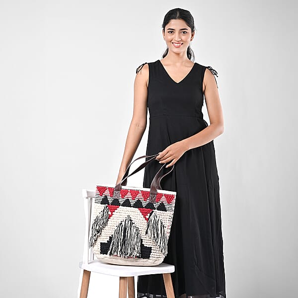 Shop Lc Maroon Cotton And Jacquard Tote Bag With Faux Leather Handle