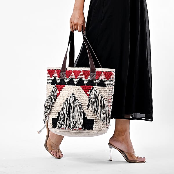 Shop Lc Maroon Cotton And Jacquard Tote Bag With Faux Leather Handle