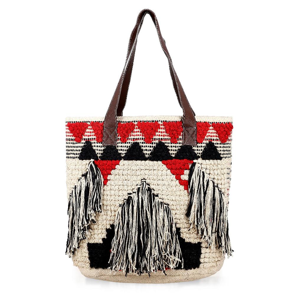 shop lc Maroon Cotton and Jacquard Tote Bag with Faux Leather Handle