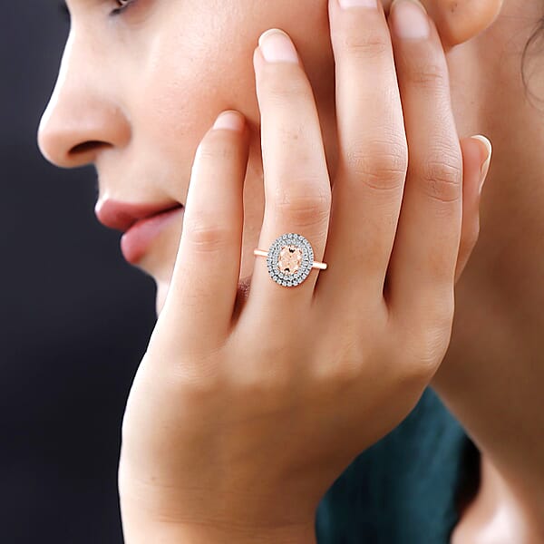 Shop Lc Marropino Morganite And White Zircon 1.60 Ctw Double Halo Ring In 18K Vermeil Rose Gold Over Sterling Silver (Del. In 10-12 Days)