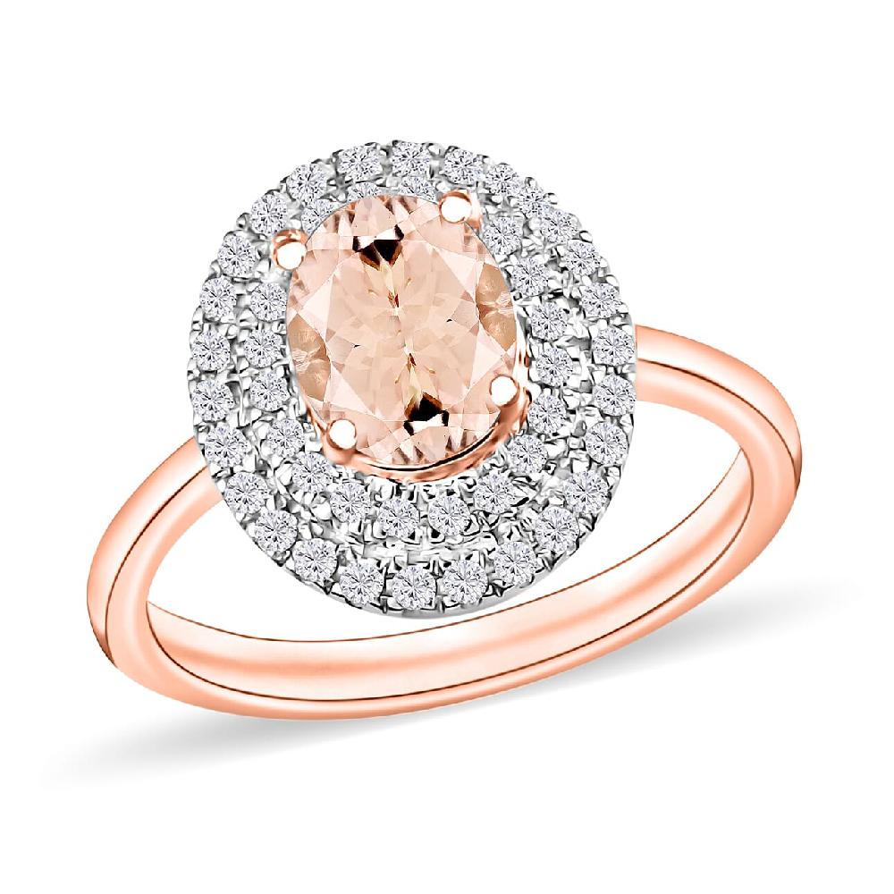 shop lc Marropino Morganite and White Zircon 1.60 ctw Double Halo Ring in 18K Vermeil Rose Gold Over Sterling Silver (Del. in 10-12 Days)