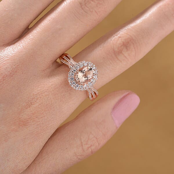 Shop Lc Marropino Morganite And White Zircon 1.90 Ctw Interchangeable Double Halo Ring And Pendant Necklace 18 Inches In 18K Vermeil Rose Gold Over Sterling Silver