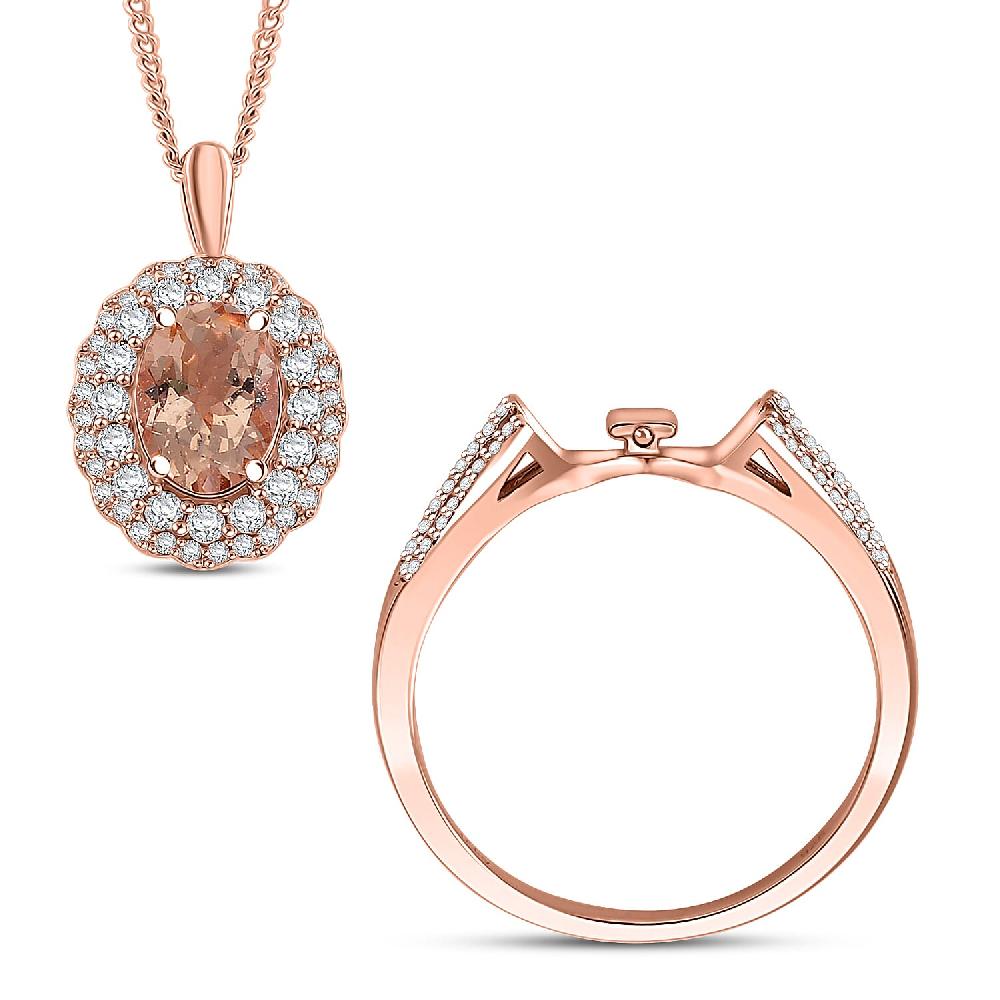 shop lc Marropino Morganite and White Zircon 1.90 ctw Interchangeable Double Halo Ring and Pendant Necklace 18 Inches in 18K Vermeil Rose Gold Over Sterling Silver