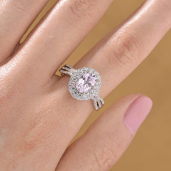 Shop Lc Martha Rocha Kunzite And White Zircon 2.55 Ctw Interchangeable Double Halo Ring Pendant Necklace (18 Inches) In 18K Vermeil RG And Rhodium Over Sterling Silver