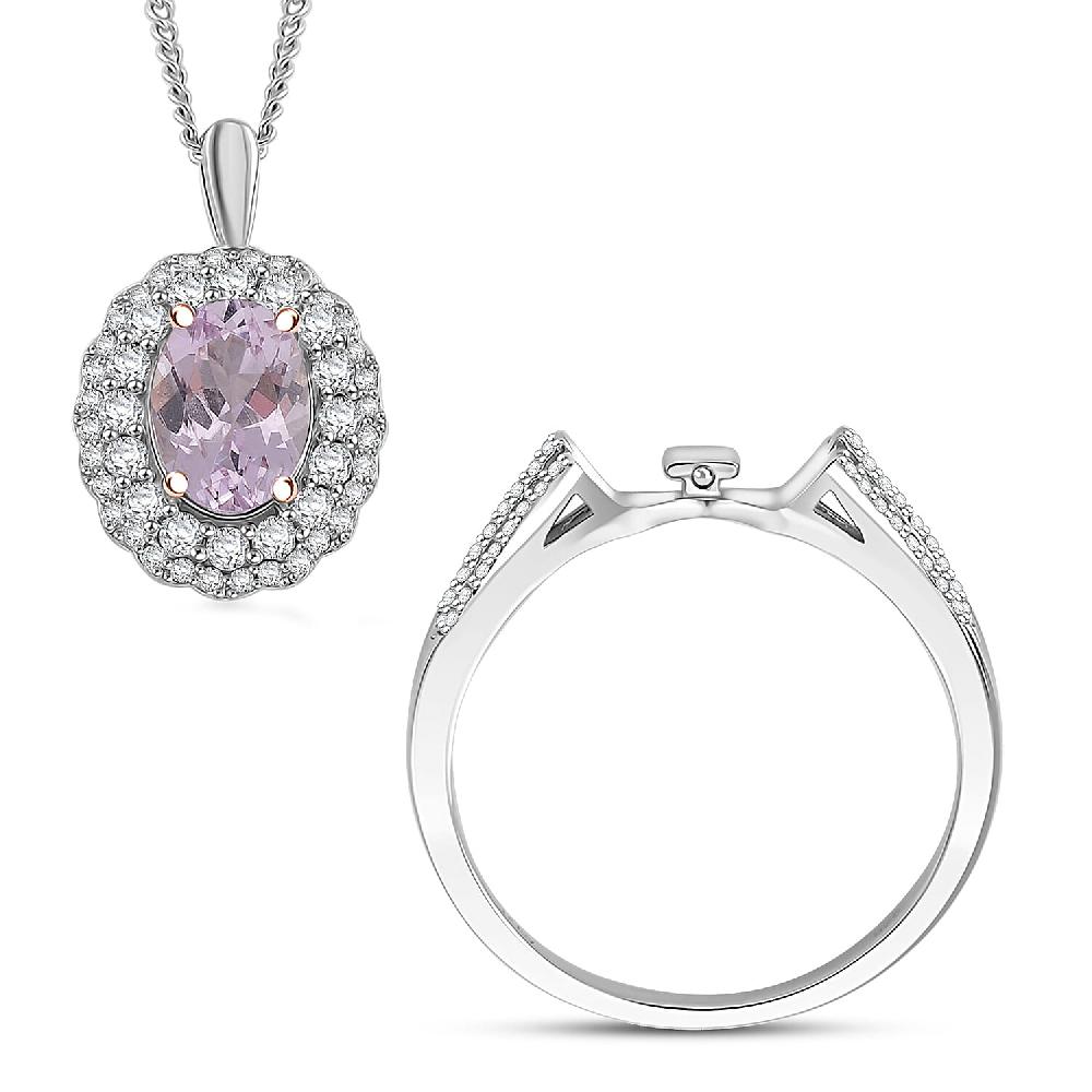 shop lc Martha Rocha Kunzite and White Zircon 2.55 ctw Interchangeable Double Halo Ring Pendant Necklace (18 Inches) in 18K Vermeil RG and Rhodium Over Sterling Silver