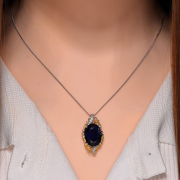 Shop Lc Masoala Sapphire (D) And Moissanite 14.50 Ctw Double Dragon Pendant Necklace In 18K Vermeil YG And Rhodium Sterling Silver 18 Inches