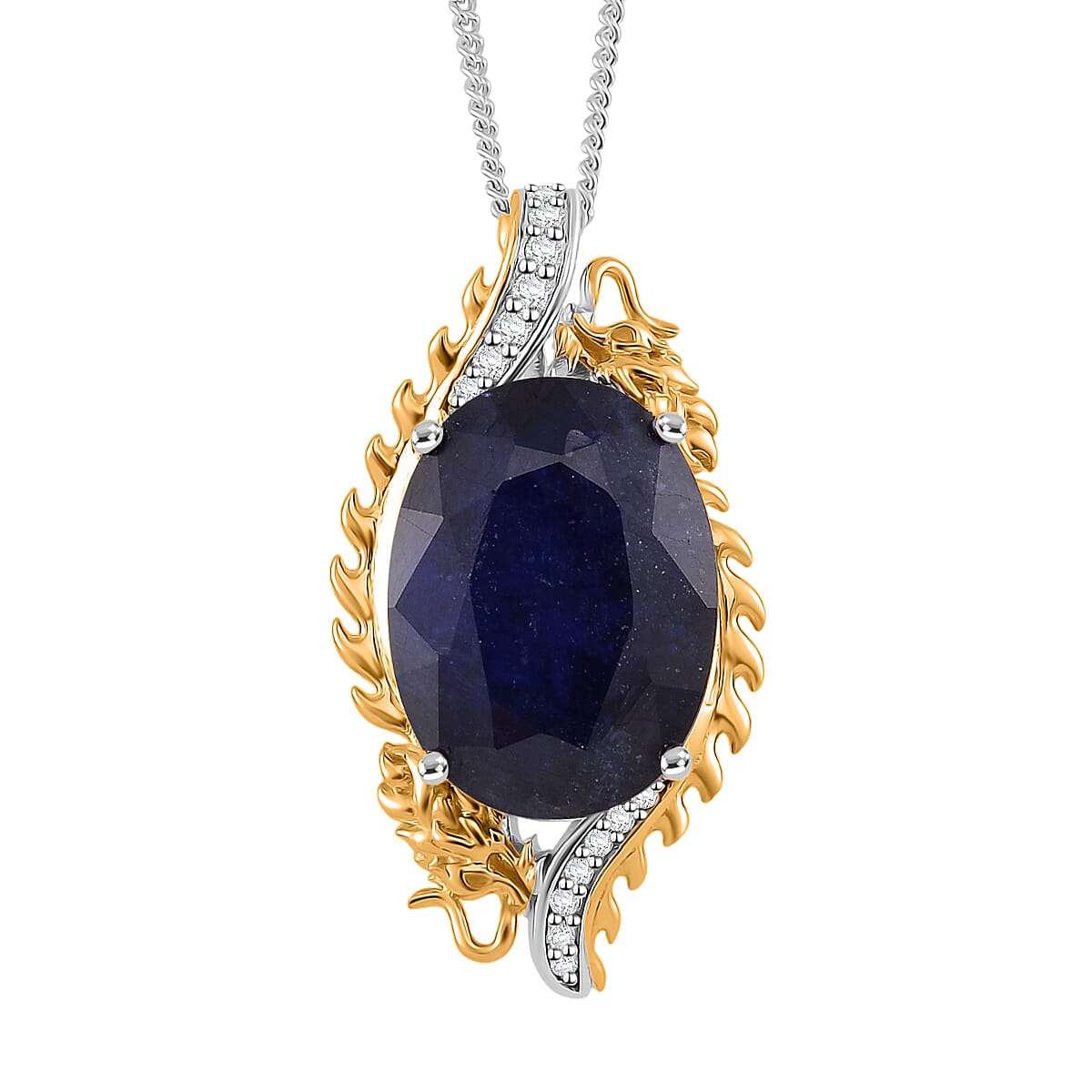 shop lc Masoala Sapphire (D) and Moissanite 14.50 ctw Double Dragon Pendant Necklace in 18K Vermeil YG and Rhodium Sterling Silver 18 Inches