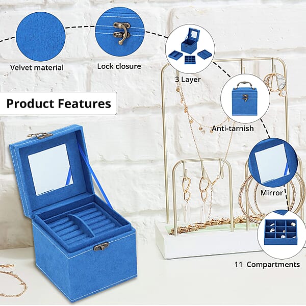 Shop Lc MEGA DEAL Blue Velvet Three Layer Jewelry Box With Mirror Handle & Lock