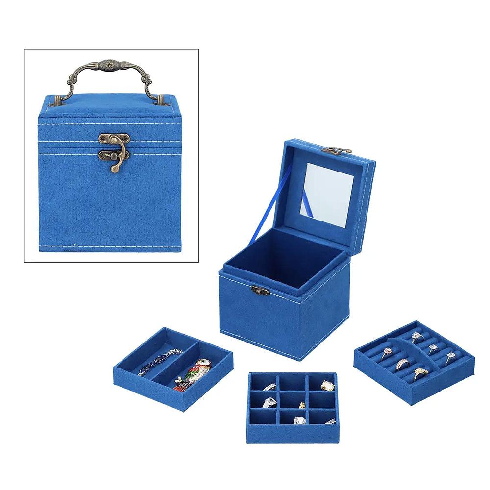 shop lc MEGA DEAL Blue Velvet Three Layer Jewelry Box with Mirror Handle & Lock