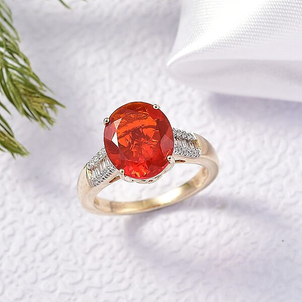 Shop Lc Mexican Cherry Fire Opal And Luxuriant Lab G1rown Diamond E-F VS 3.20 Ctw Ring In 10K Yellow Gold