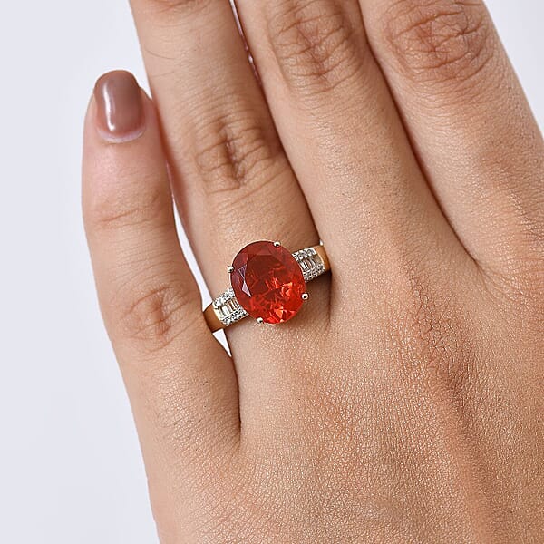 Shop Lc Mexican Cherry Fire Opal And Luxuriant Lab G1rown Diamond E-F VS 3.20 Ctw Ring In 10K Yellow Gold