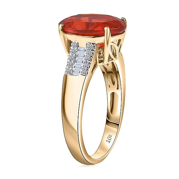 Shop Lc Mexican Cherry Fire Opal And Luxuriant Lab G1rown Diamond E-F VS 3.20 Ctw Ring In 10K Yellow Gold