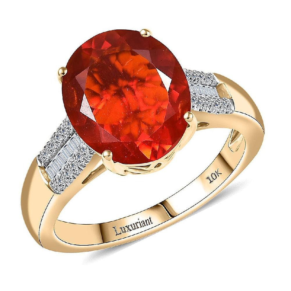 shop lc Mexican Cherry Fire Opal and Luxuriant Lab G1rown Diamond E-F VS 3.20 ctw Ring in 10K Yellow Gold
