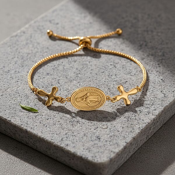 Shop Lc Miraculous Medal Bolo Bracelet With Cross Charm In ION Plated YG Stainless Steel (6-9In)