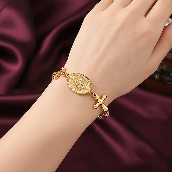 Shop Lc Miraculous Medal Bolo Bracelet With Cross Charm In ION Plated YG Stainless Steel (6-9In)