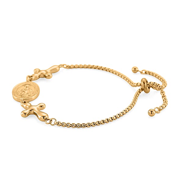 Shop Lc Miraculous Medal Bolo Bracelet With Cross Charm In ION Plated YG Stainless Steel (6-9In)