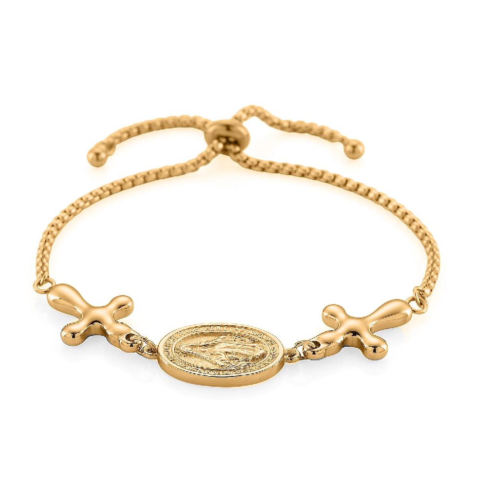 shop lc Miraculous Medal Bolo Bracelet with Cross Charm in ION Plated YG Stainless Steel (6-9In)