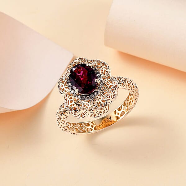 Shop Lc Mirage Collection AAA Radiant Ember Garnet And Natural Champagne Diamond 1.50 Ctw Vintage Floral Filigree Ring In 10K Yellow Gold