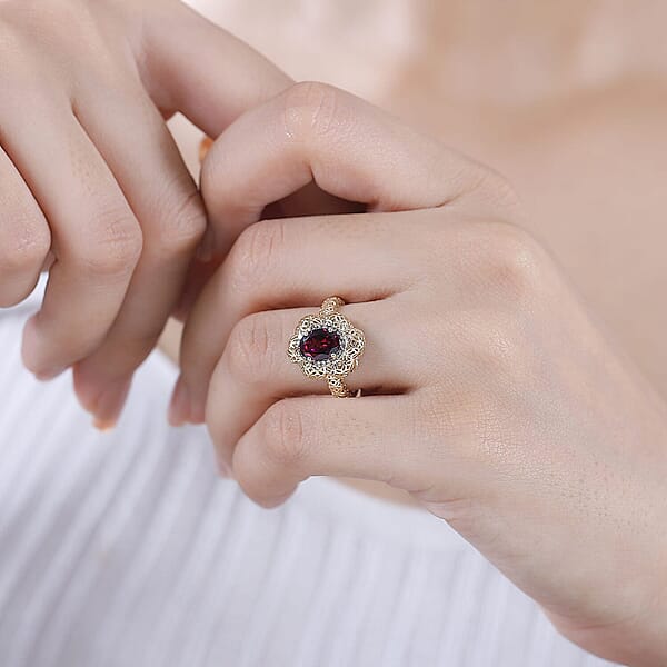Shop Lc Mirage Collection AAA Radiant Ember Garnet And Natural Champagne Diamond 1.50 Ctw Vintage Floral Filigree Ring In 10K Yellow Gold