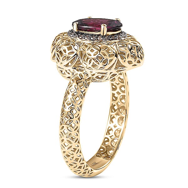 Shop Lc Mirage Collection AAA Radiant Ember Garnet And Natural Champagne Diamond 1.50 Ctw Vintage Floral Filigree Ring In 10K Yellow Gold