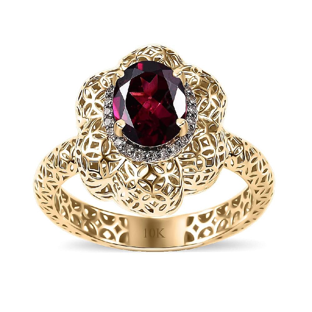 shop lc Mirage Collection AAA Radiant Ember Garnet and Natural Champagne Diamond 1.50 ctw Vintage Floral Filigree Ring in 10K Yellow Gold