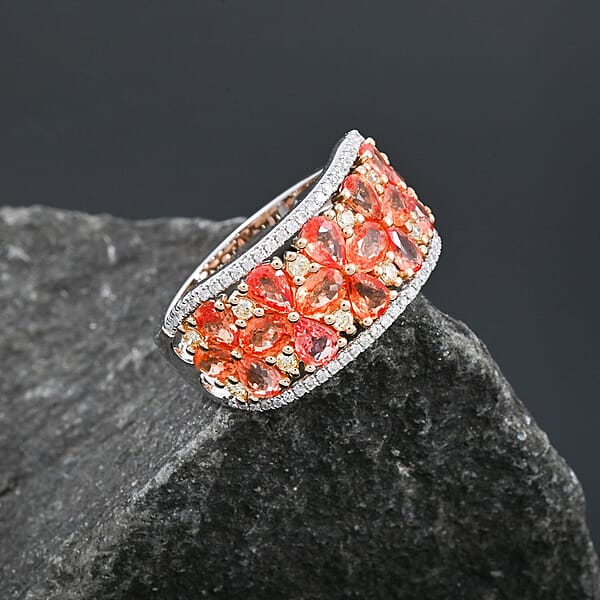 Shop Lc Modani Padparadscha Sapphire Natural Yellow And White Diamond Ring In 14K White And Yellow Gold 3.09 Ctw
