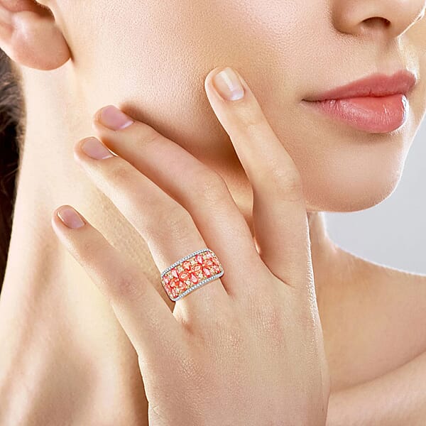 Shop Lc Modani Padparadscha Sapphire Natural Yellow And White Diamond Ring In 14K White And Yellow Gold 3.09 Ctw