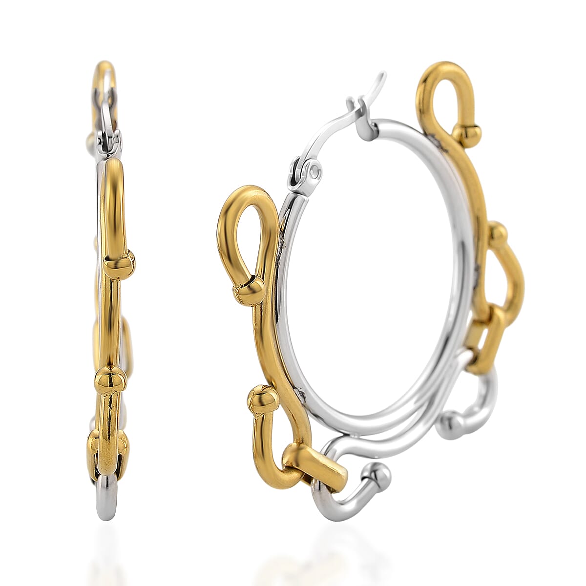 shop lc Modern Wave Link Hoop Earrings in ION Plated YG and Stainless Steel