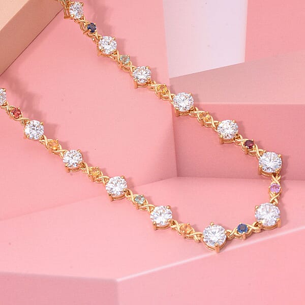 Shop Lc Moissanite And Multi Sapphire 21.30 Ctw Art Deco Necklace In Vermeil Yellow Gold Over Sterling Silver 18 Inches