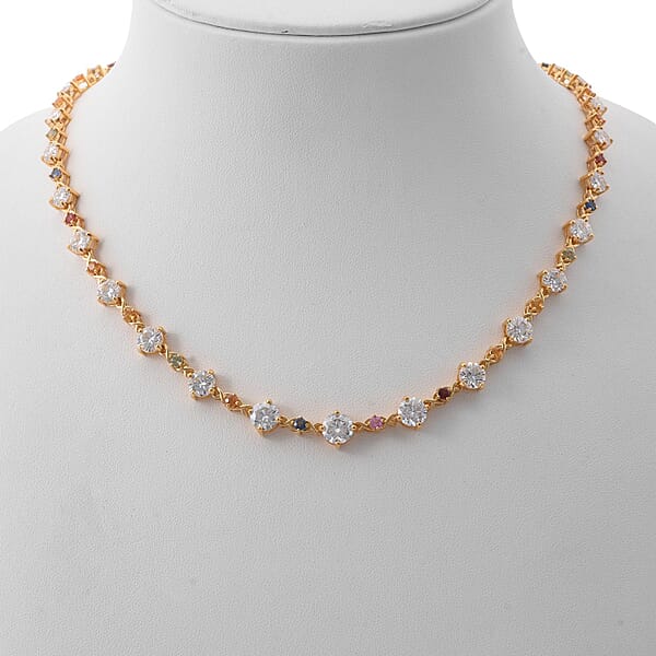 Shop Lc Moissanite And Multi Sapphire 21.30 Ctw Art Deco Necklace In Vermeil Yellow Gold Over Sterling Silver 18 Inches