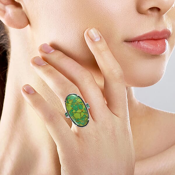 Shop Lc Mojave Green Turquoise And Simulated Green Diamond 16.75 Ctw Ring In Stainless Steel