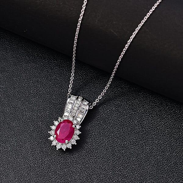 Shop Lc Mozambique Ruby And Moissanite 2.30 Ctw Sunburst Pendant Necklace In Rhodium Over Sterling Silver 20 Inches