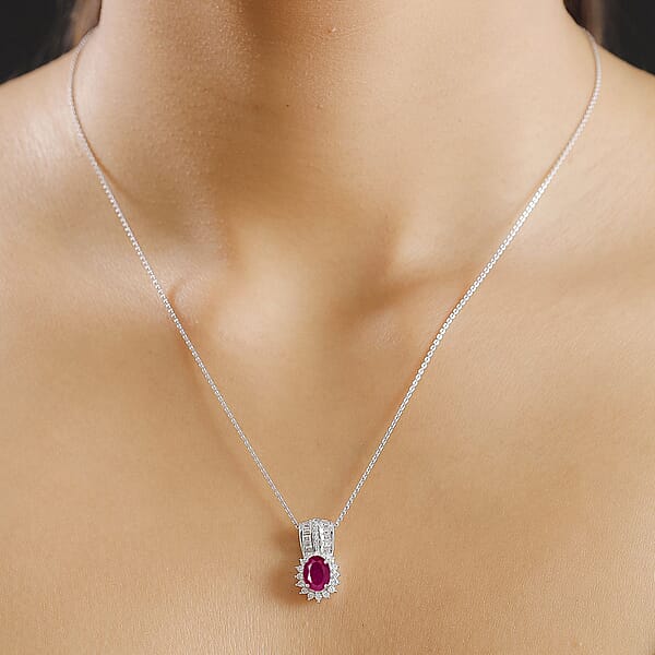 Shop Lc Mozambique Ruby And Moissanite 2.30 Ctw Sunburst Pendant Necklace In Rhodium Over Sterling Silver 20 Inches