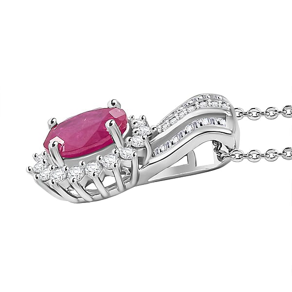 Shop Lc Mozambique Ruby And Moissanite 2.30 Ctw Sunburst Pendant Necklace In Rhodium Over Sterling Silver 20 Inches