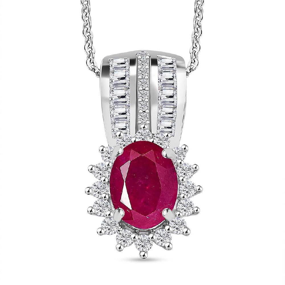 shop lc Mozambique Ruby and Moissanite 2.30 ctw Sunburst Pendant Necklace in Rhodium Over Sterling Silver 20 Inches