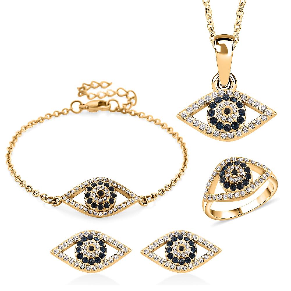 shop lc Multi Color Austrian Crystal Evil Eye Earrings Ring Bracelet (7.5-9.5In) and Pendant Necklace (20-22Inches) in ION Plated YG Stainless Steel