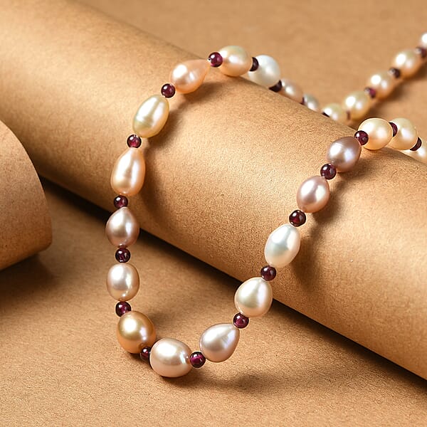 Shop Lc Multi Color Freshwater Pearl And Mozambique Garnet 10.00 Ctw Necklace In Rhodium Over Sterling Silver 18 Inches