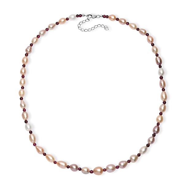 Shop Lc Multi Color Freshwater Pearl And Mozambique Garnet 10.00 Ctw Necklace In Rhodium Over Sterling Silver 18 Inches