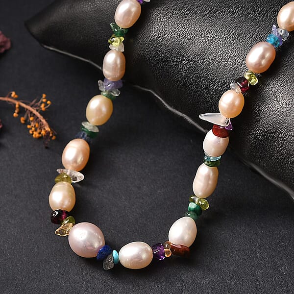 Shop Lc Multi Color Freshwater Pearl And Multi Gemstone 10.00 Ctw Necklace In Rhodium Over Sterling Silver 18 Inches