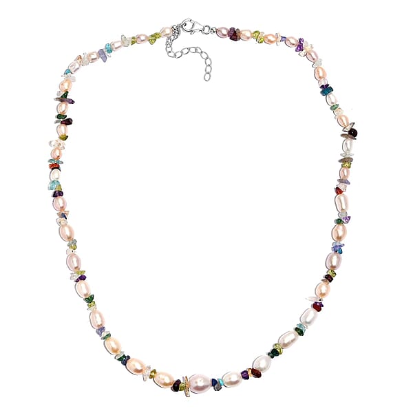 Shop Lc Multi Color Freshwater Pearl And Multi Gemstone 10.00 Ctw Necklace In Rhodium Over Sterling Silver 18 Inches