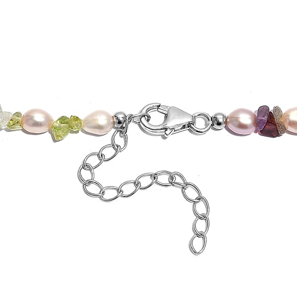 Shop Lc Multi Color Freshwater Pearl And Multi Gemstone 10.00 Ctw Necklace In Rhodium Over Sterling Silver 18 Inches